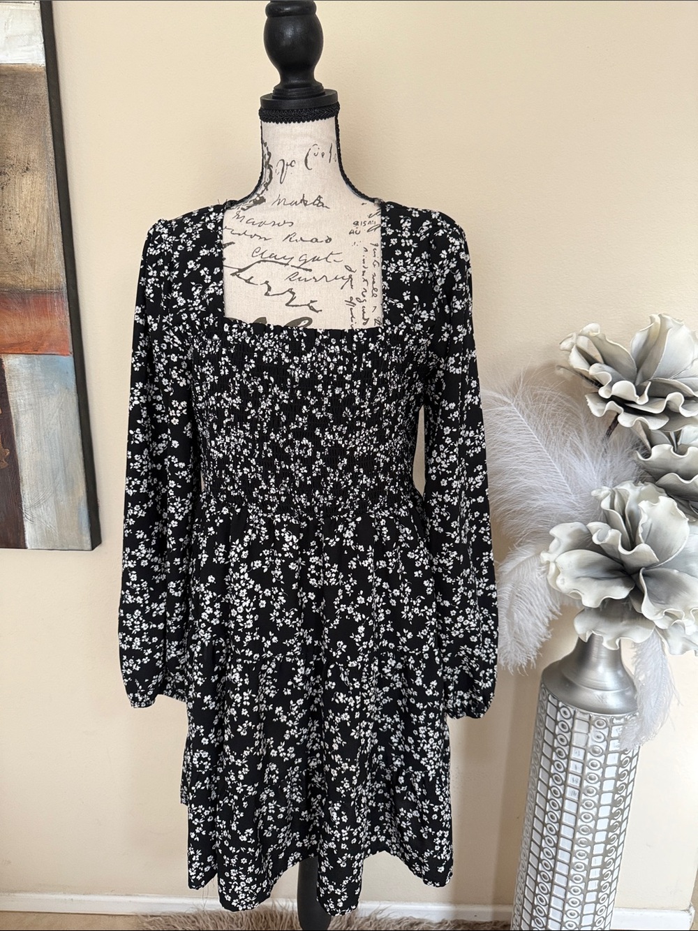 Liberty Love Black Floral Square-Neck Long Sleeve Mini Dress